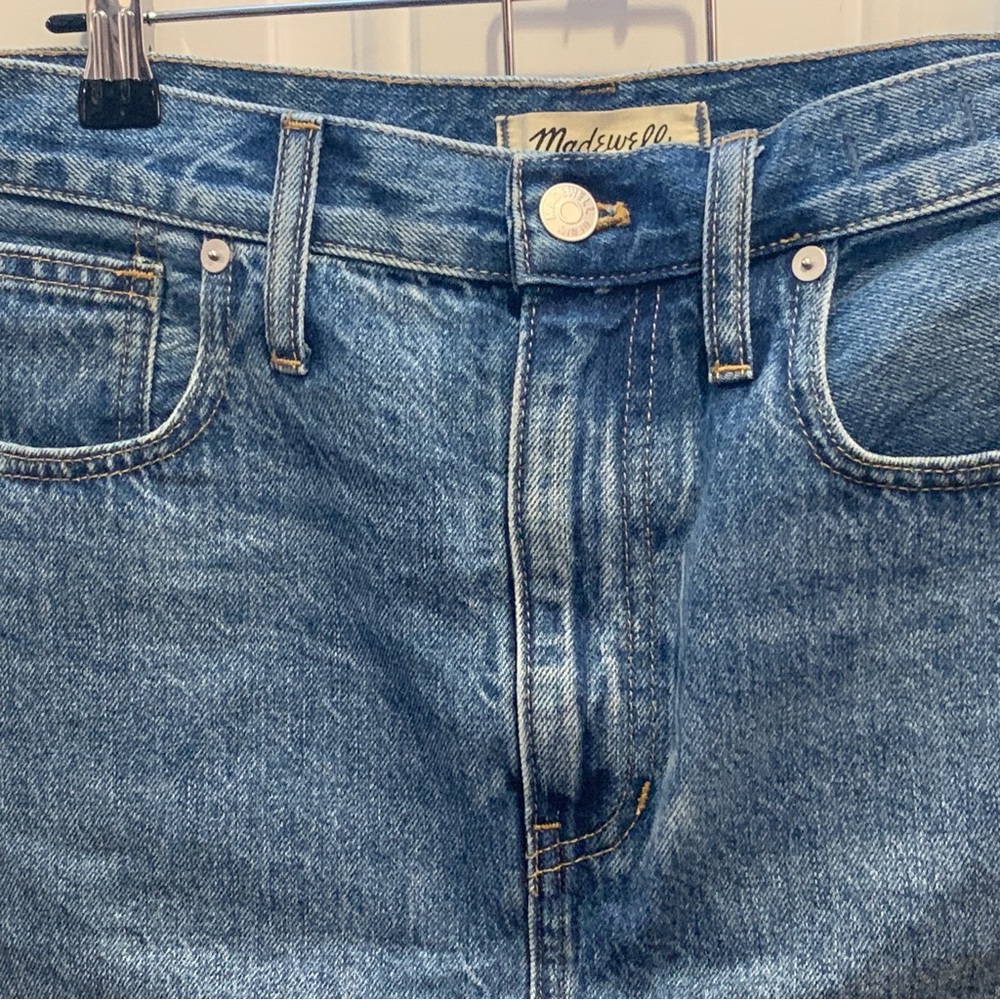 NWT Madewell Denim Dolphin-Hem Rigid Denim A-Line Blue Jean Mini Skirt 28 $79.50 - Picture 7 of 12